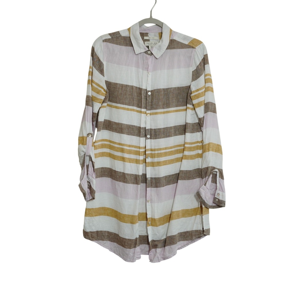 Rachel‎ Zoe Womens Small Linen Striped Button Down Tunic Roll Tab Sleeve Shirt